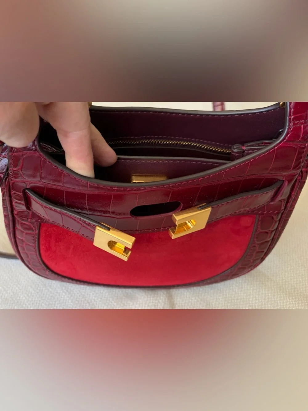 Tory Burch Lee Radziwill Croc-Embossed Leather & Suede Saddle Bag in Roma Red